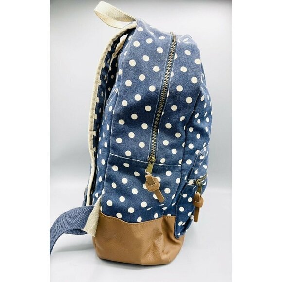 Navy Blue w White Polka Dots Backpack Cream Sparkle Trim Brown Faux Leather - Picture 2 of 9